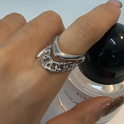 Stainless Steel Geometric Open Ring Minimalist Double Layer Smooth Line Chain Link Adjustable Jewelry For Women Trendy