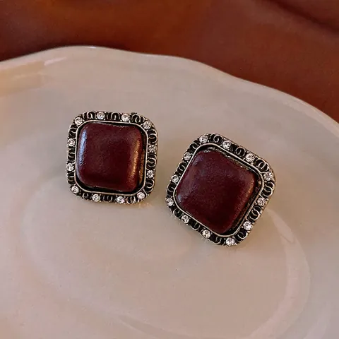 Retro Square Stud Earrings For Women Alloy Rhinestone Houndstooth Fabric And 925 Sterling Silver Earring Post