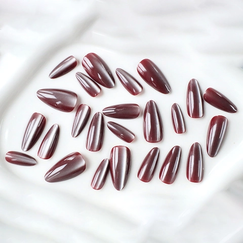 Burgundy Red Cat Eye Press On Nails Long Almond Shaped Magnetic Shimmer Elegant Fake Nail Tips For Women Glossy Finish