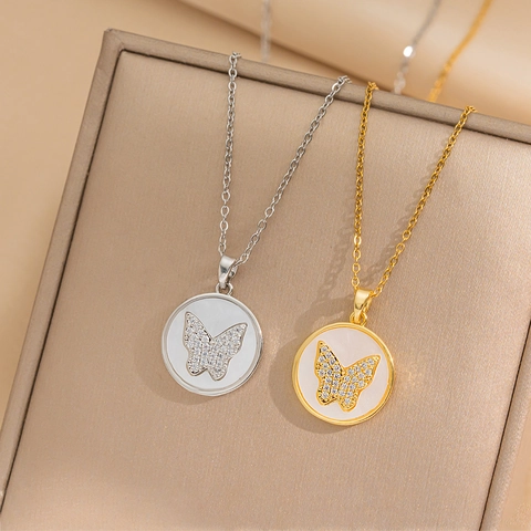 Collana Con Ciondolo A Farfalla Acciaio Al Titanio Placcato Oro Con Conchiglia E Zircone Gioielli Eleganti Per Donne Ragazze