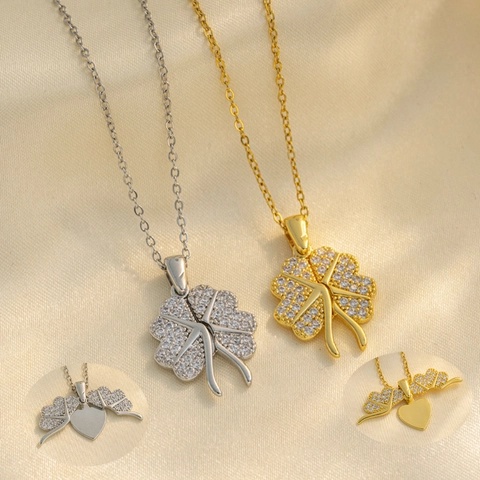 Collar con Colgante de Corazón y Trébol de Cuatro Hojas Plegable Creativo de Acero Inoxidable con Strass Joyería Cadena Clavícula Mujer Regalo