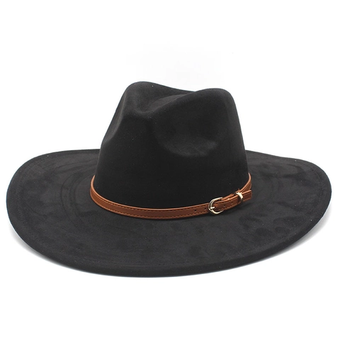 Cappello Fedora A Tesa Larga Tessuto Scamosciato Cintura Ecopelle Fibbia Metallo Stile Jazz Cowboy Uomo Donna