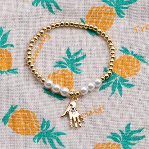 Pulsera Mano De Fátima Ojo Turco Cuentas De Cobre Chapadas En Oro Imitación Perla Artificial Blanca Joyería Bohemia Para Mujer