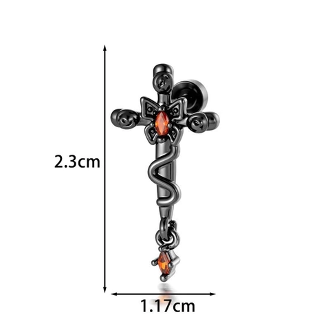 Gotische Kruis Slang Piercing Knop Oorbel Zwart Titanium Staal Met Rode Zirkoon Donkere Punk Stijl Voor Unisex