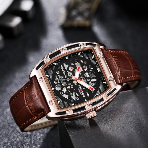 Reloj Mecánico Automático Esqueleto Diseño Tonneau Correa De Cuero Impermeable Luminoso Negocios Deporte Hombre