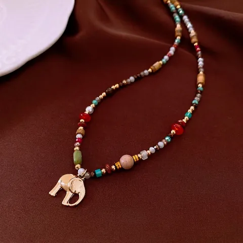 Elephant Pendant Beaded Necklace Multi Color Graphic Stone Alloy Glass Bohemian Ethnic Jewelry For Women