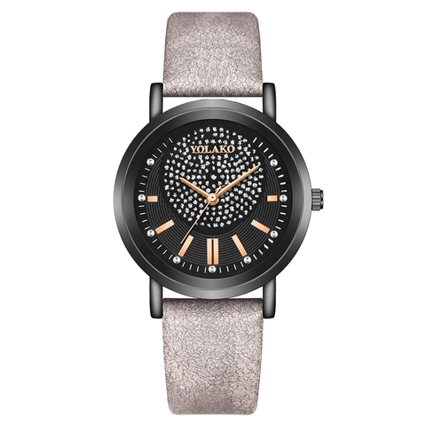 Fashion Women Quartz Watch Round Alloy Case Faux Leather Strap Starry Sky Rhinestone Dial Rose Gold Accents Trendy