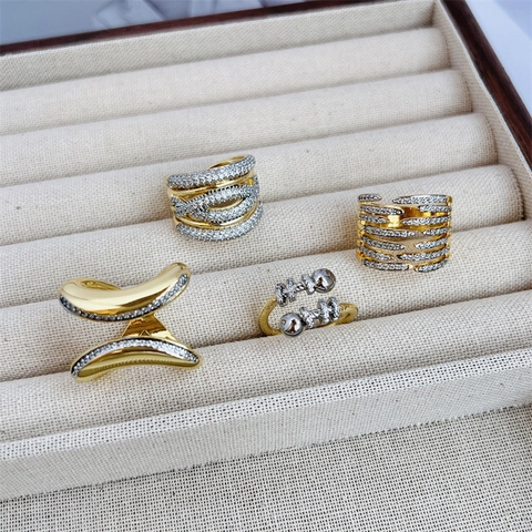 Koperen 18K Vergulde Verstelbare Ring Met Volledige Zirkonia Inzet Multi Layer Mesh Luxe Sieraden Voor Dames