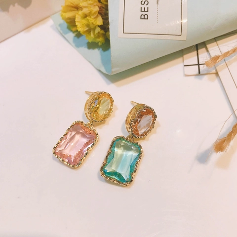 Baroque Vintage Copper Multicolor Rhinestone Drop Earrings Italian Style Geometric Stud Earrings For Women Silver Earring Post