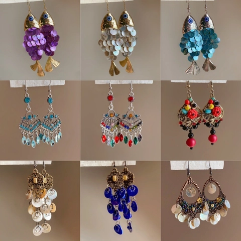 Ethnic Bohemian Κρεμαστά Σκουλαρίκια Κοχύλι Φούντα Ψάρι Λουλούδι Ξύλο Vintage Κοσμήματα Με 925 Ασημένιο Κούμπωμα