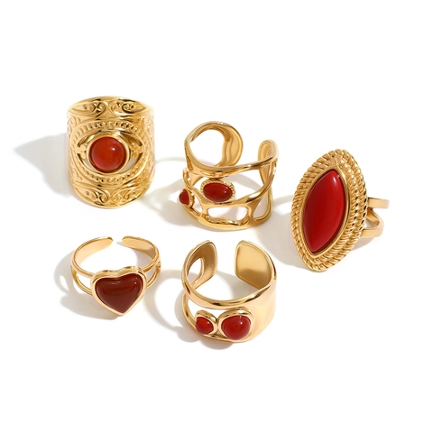 Ring Edelstahl Roter Achat Vergoldet Verstellbar Herz Oval Geometrisch Vintage Boho Schmuck Für Damen