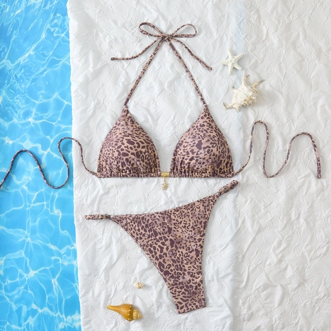 Mujer Bikini Halter Top De Triángulo Y Braga Con Lazos Laterales Traje De Baño Estampado Leopardo Floral Abstracto Playa Acolchado Con Colgante