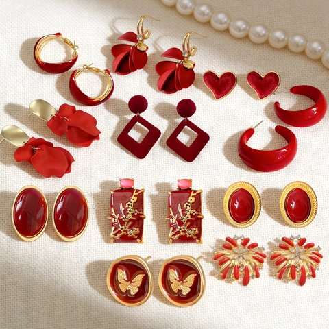 Vintage Dunkelrote Blumen Herz Ohrringe Mit Silbernem Ohrstecker Legierung Strass Festlicher Schmuck Für Frauen