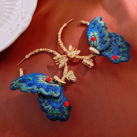Vlinder Geborduurde Stof Hoop Oorbellen Met Strass En Zilveren Oorsteker Vintage Legering Sieraden Voor Dames