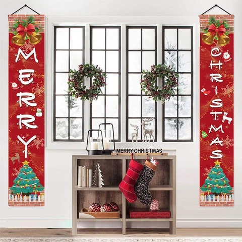 Merry Christmas Door Banners Vertical Hanging Porch Sign Polyester Fabric PVC Pole Festive Holiday Home Wall Decor