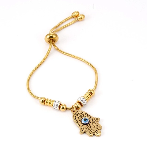 Bracciale Mano Di Fatima Malocchio Acciaio Inossidabile Catena Serpente Regolabile Perline Zirconia Gioielli Donna