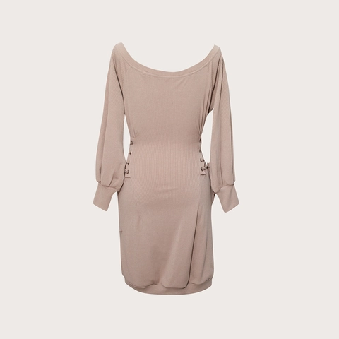 Robe Mini En Tricot Côtelé Épaules Dénudées Manches Longues Lacets Latéraux Coupe Slim Bodycon Sexy Pour Femmes