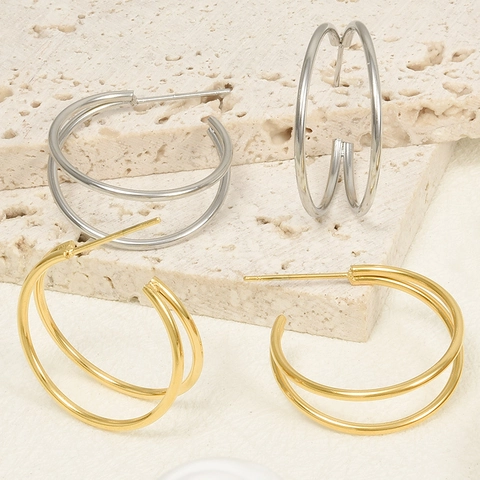 Pendientes de Botón de Doble Capa de Acero Inoxidable 304 Estilo Francés para Mujer Minimalista Geométrico Oro Plata Joyería en C