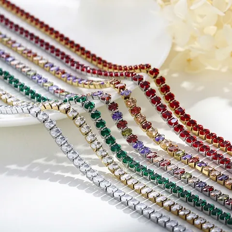 Women Tennis Necklace Stainless Steel 18K Gold Plated Colorful Square Zircon Geometric Luxury Jewelry Fashion Accessory