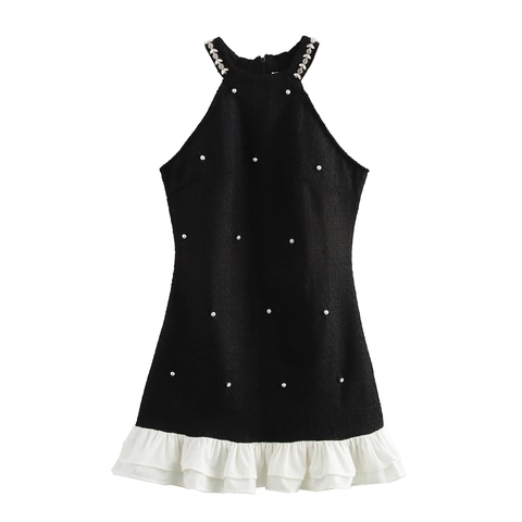 Halter Neck Mini Dress Tweed Artificial Pearl Rhinestone Decorated Sleeveless Ruffle Hem Elegant French Style Women