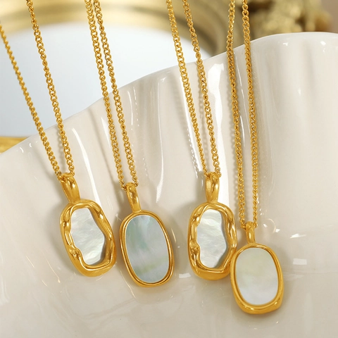 French Minimalist Irregular Geometric Pendant Necklace Titanium Steel Gold Plated Mother Of Artificial Pearl Inlay Retro Women