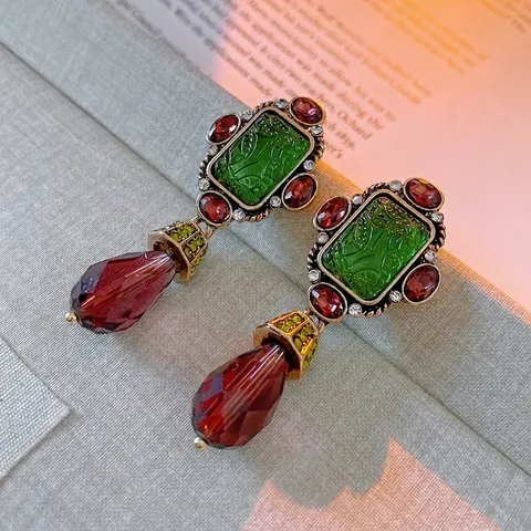 Vintage Baroque Drop Earrings With 925 Sterling Silver Earring Post Green Relief Water Drop Glass Rhinestone For Women