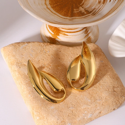 Stainless Steel Earrings 18K Gold Plated Hollow Water Drop Leaf Shape Geometric Abstract Minimalist Jewelry For Women