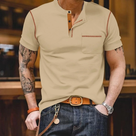 Men Short Sleeve Henley Shirt Polyester Breathable Casual Slim Fit Contrast Stitching Tee With Chest Pocket