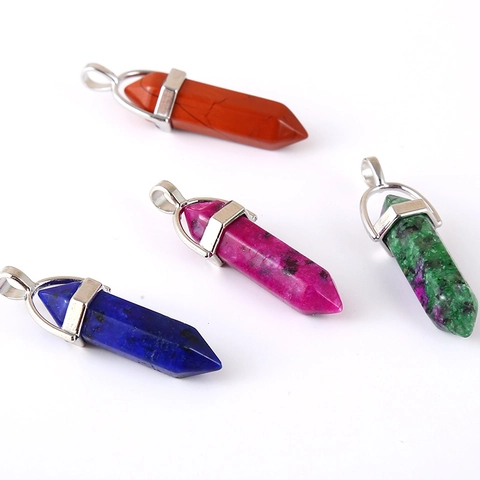 Natural Stone Hexagonal Pillar Crystal Pendant Reiki Healing Bullet Point Gemstone Alloy Charm For Necklace DIY Jewelry
