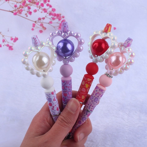 Bolígrafo Con Forma De Corazón San Valentin Creativo Cuentas Silicona Patrón Amor Decorativo Perla Artificial Plástico Regalo