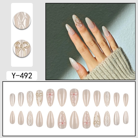 Almond Shape Press On Nails Nude Gradient Aurora Ice Transparent Mit 3D Schleifen Dekor Und Gitter Textur Cat Eye Effekt