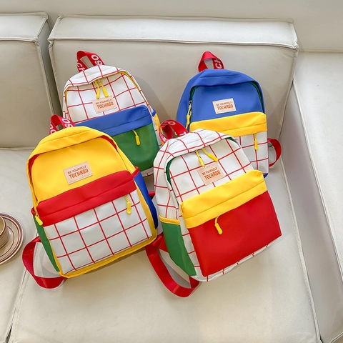 Kids Backpack Color Block Contrast School Bag Canvas Lightweight Toddler Kindergarten For Boys Girls Grid Pattern