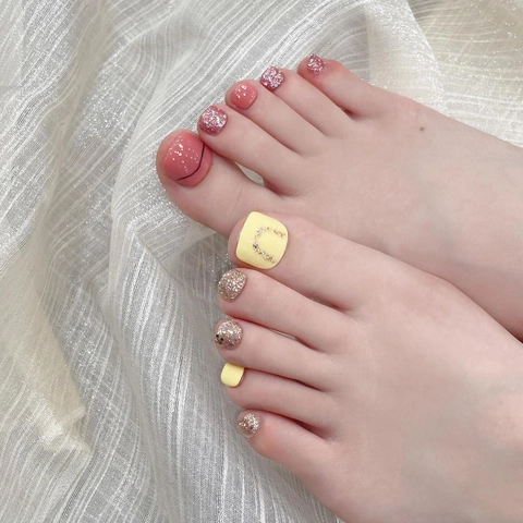 Uñas Postizas Para Pies Hechas A Mano Rosa Amarillo Brillo Cobertura Completa Pedicura Professional Salon Style Para Mujeres