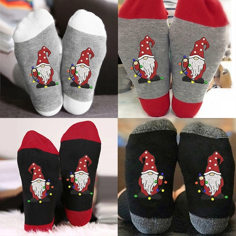 Christmas Mid Calf Crew Socks Cotton Knit Breathable Embroidery Gnome Pattern Festive Casual Novelty Men Women