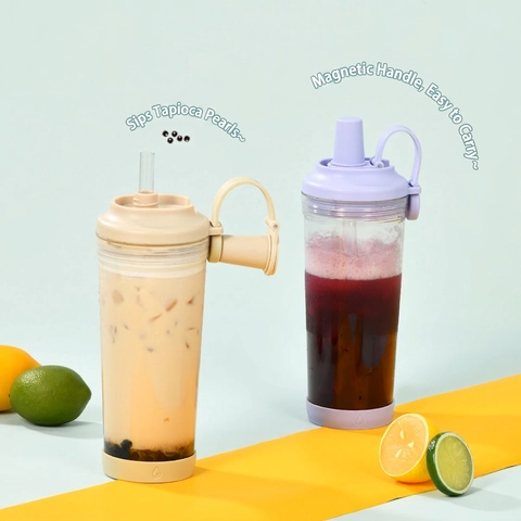 Tritan Boba Tumbler With Straw Large Hole Magnetic Handle Portable BPA Free Reusable Water Bottle For Bubble Tea