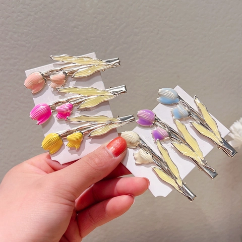 Tulip Flower Hair Clips Metal Alloy Enamel Duckbill Side Fringe Barrette Sweet Floral Headwear For Women Girls