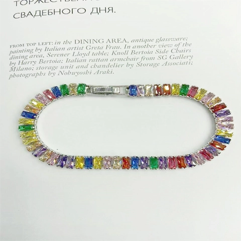 Rainbow Tennis Bracelet Baguette Cut Colorful Cubic Zirconia Copper Elegant Fashion Jewelry For Women