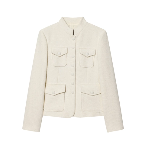 Women Elegant Tweed Jacket Stand Collar Long Sleeve Boucle Cardigan With Four Pockets Solid Milk White Outerwear