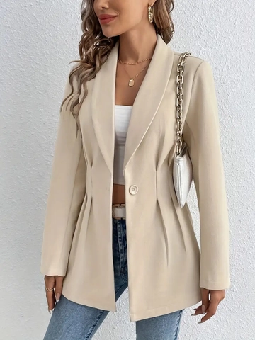 Women Blazer Jacket Elegant Fashion Long Sleeve Notched Lapel Single Button Slim Fit Waist Pleated Detail Outerwear