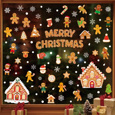 Adesivi Per Finestre Di Natale Omino Di Pan Di Zenzero Casa Fiocchi Di Neve PVC Statico Decorazione Festiva Per Porte In Vetro Specchi