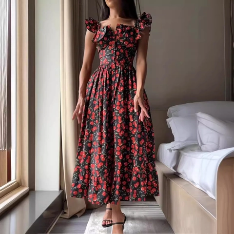 Polyester Midi Jurk Met Bloemen Fruit Print Ruchesmouwen Vierkante Hals Knoopsluiting Voorzijde Slank Elegant Voor Dames