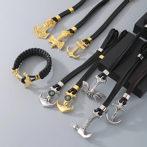 Bracciale Cuoio Uomo Multistrato Acciaio Inossidabile Vichingo Mjölnir Ancora Bussola Vintage Punk Gioielli