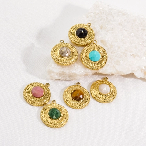 Runder Naturstein Anhänger Edelstahl 14K Vergoldet Facettierte Fassung Charms DIY Schmuckherstellung Boho Stil