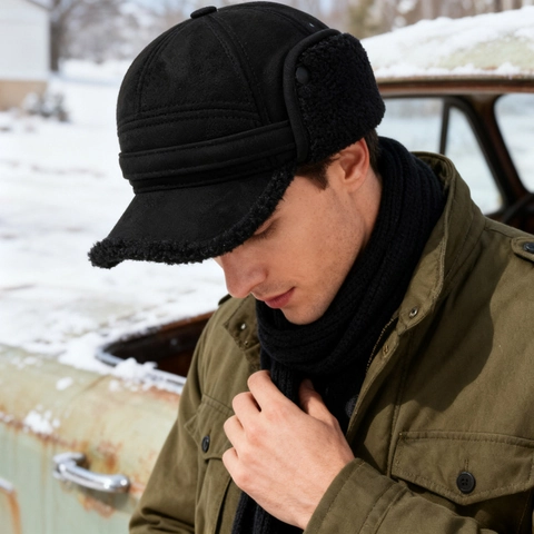 Men Winter Trapper Hat Suede Faux Lamb Wool Lined Warm Ear Protection Aviator Baseball Cap Thickened Windproof Outdoor
