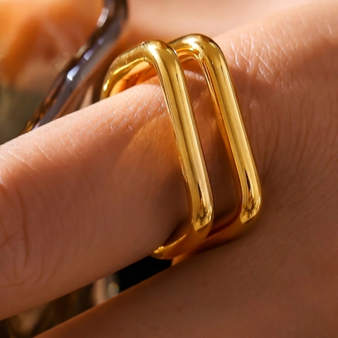 Minimalist Titanium Steel Dual Layer Hollow U-Shaped Open Ring For Women Geometric Fashion Jewelry Electroplated Finger Ring