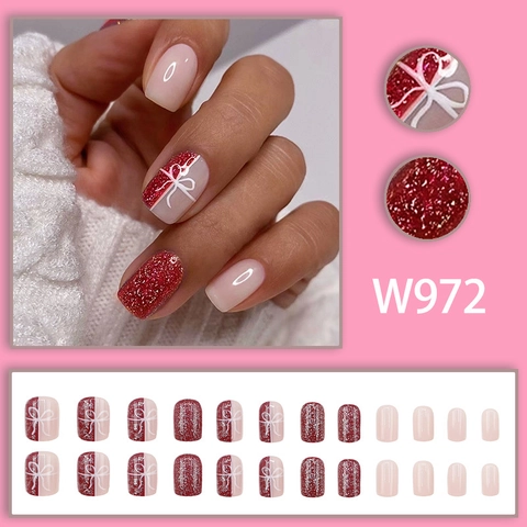Press On Nails Short Square Dark Red Glitter White Bowknot Christmas Festive Atmosphere Elegant For Women