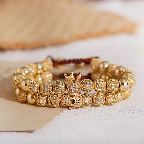 18K Vergoldetes Kupfer Perlenarmband Krone Totenkopf Anhänger Micro Pave Zirkonia Verstellbare Geflochtene Kordel Schmuck Damen