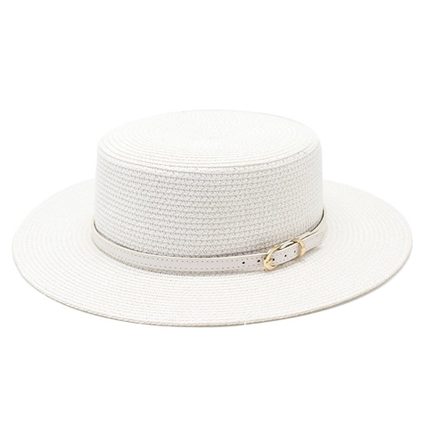 Women Boater Straw Hat Flat Top Wide Brim Sun Protection Summer Beach French Style Elegant Belt Buckle Breathable