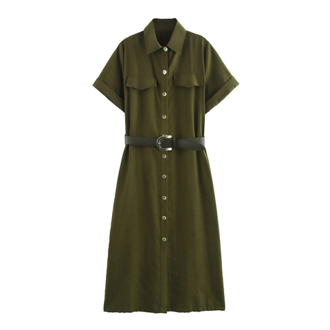Overhemdjurk Militair Groen Korte Mouwen Reverskraag Knoopsluiting Met Riem Borstzakken Elegante Midi Jurk