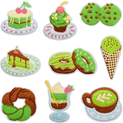 Parches Bordados Tema Postre Dulce Pastel Donut Verde Matcha Termoadhesivos Para Decoración De Ropa Bolsos DIY
